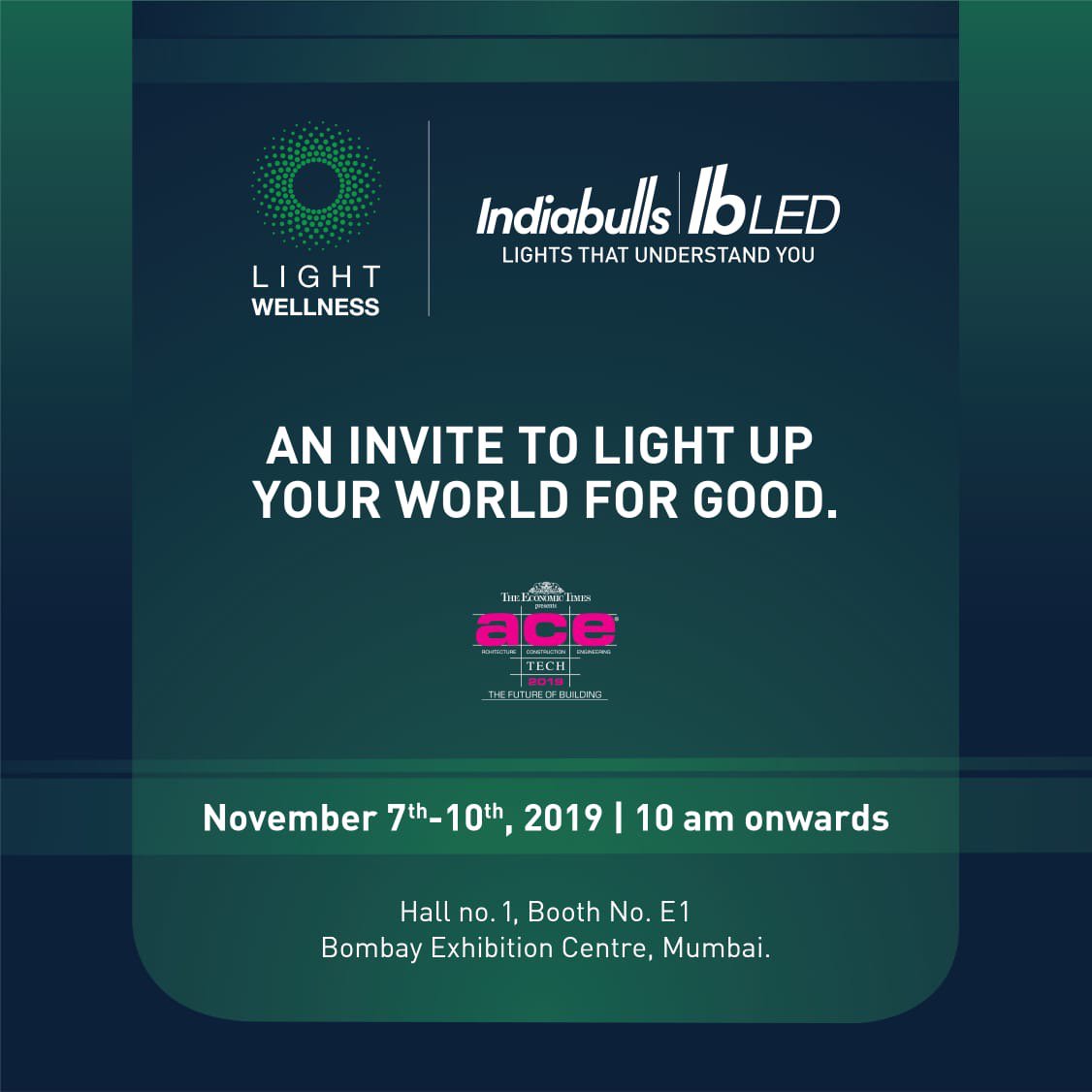 IBLED_Lighting's tweet photo. To light up your world for good and to know more about us visit us at ACETECH 2019, at Hall no.1, Booth no. E1, Bombay Exhibition centre, Mumbai between November 7th-10th 2019, 10 am onwards.
Register now. Registration link- https://t.co/h1CfmNUnF9 
#ACETECH2019 
#LightWellness https://t.co/4zZZiOLznE