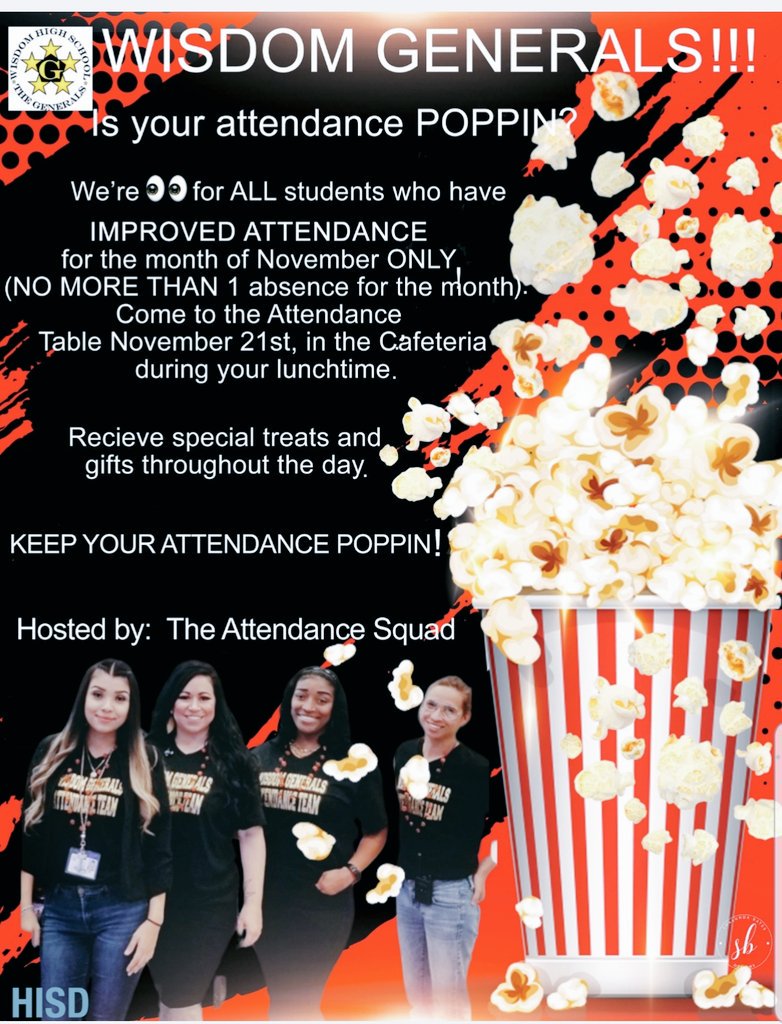 KenyaTClements's tweet photo. It's Attendance Challenge Time. Wisdom is POPPIN w/ excitement. 😁 What is your campus doing to improve its Daily Attendance & Student Achievement. Post your pics. #Everyday #EveryPeriod
@wisdom_hs @TheDreamTeamWHS @DanaArreola5 @HISDSupe @wagnerm2016 @A180_HISD @studentassisa1 https://t.co/zDRZsv6Owd