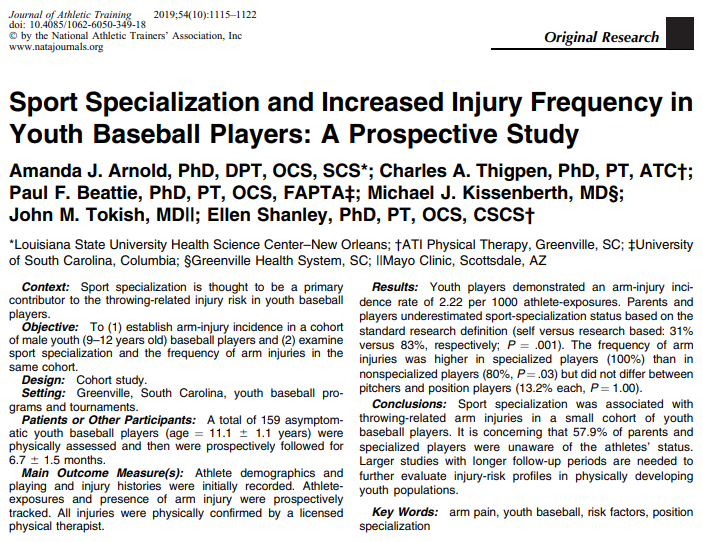 In the Thematic Issue on Youth Sports Specialization from Dr. Amanda Arnold and colleagues: Sport Specialization and Increased Injury Frequency in Youth Baseball Players: A Prospective Study.

Link: bit.ly/2oN48d6