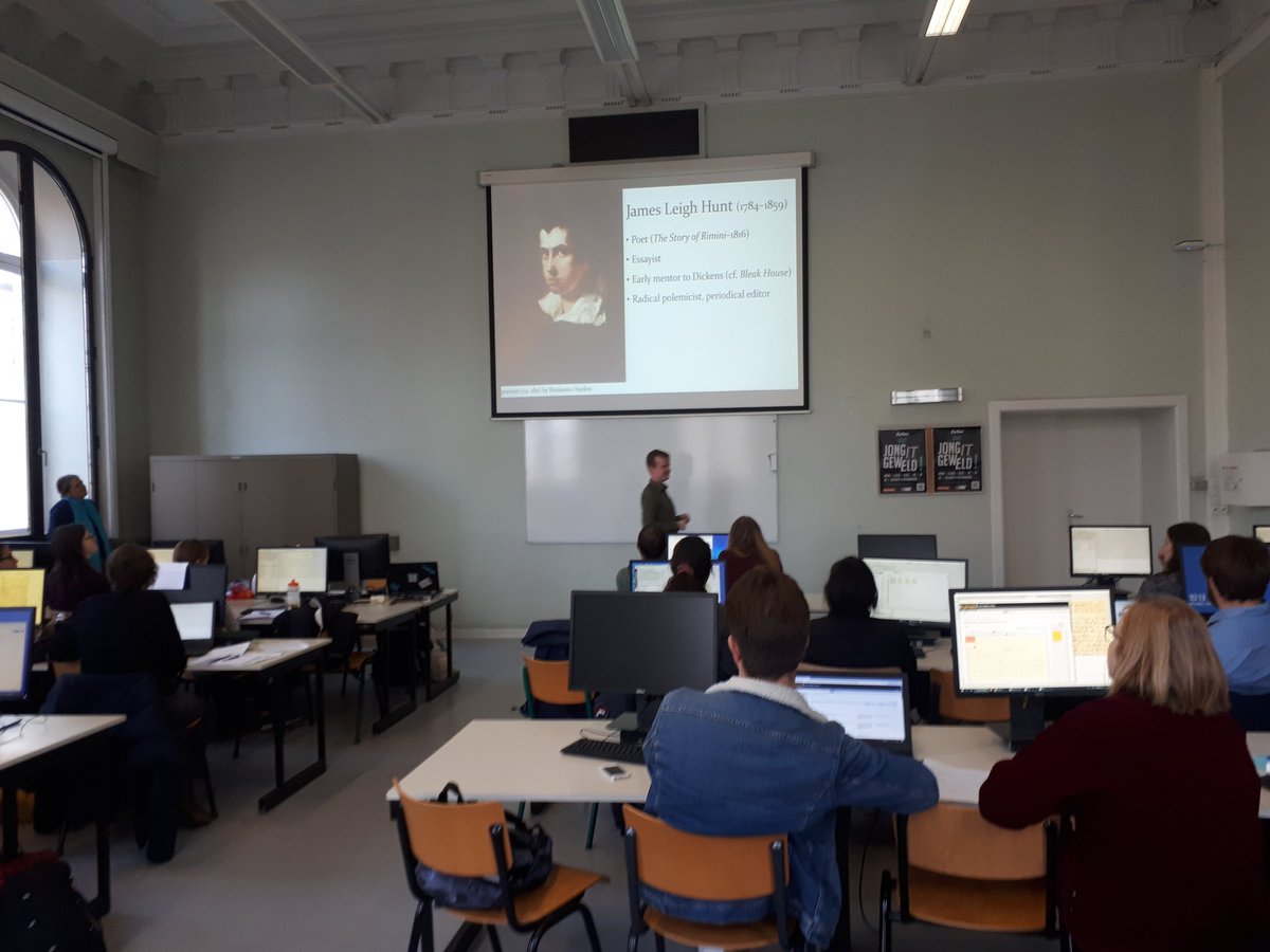GhentCDH's tweet photo. First #DigitisingHumanities workshop of our #dhresearchlab on @Trankribus by @CARomein w/ a guest talk by Dr. Claes @LitUGent  on #Leighhunt #manuscripts 2/a full house!! #dh https://t.co/llifOLWKNa