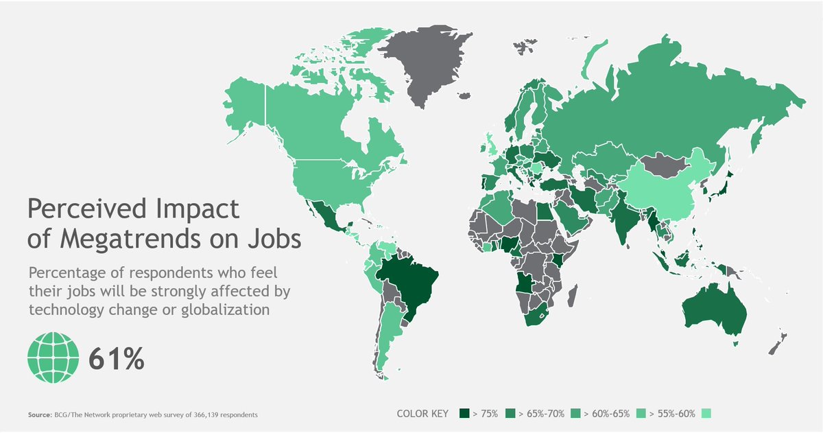 The_Network's tweet photo. Change is coming, and the workforce knows it. 61% of people feel their jobs will be affected by globalization or technology. https://t.co/eSWx2d5fus
#DecodingTalent #TheNetwork #BCG https://t.co/AKOD7BC1AX
