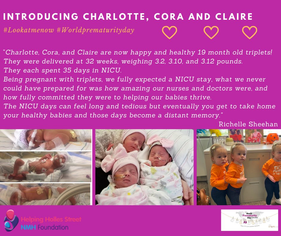 helpinghollesst's tweet photo. A huge thank you to Richelle Sheehan for sharing triplets, Charlotte, Cora, and Claire's story with us, as part of our #LookatMeNow #Worldprematurityday campaign. Email foundation@nmh.ie to support
#nicubaby #nicugrads #warriors #helpinghollesstreet #nmhfoundation https://t.co/FqvtSkfX17