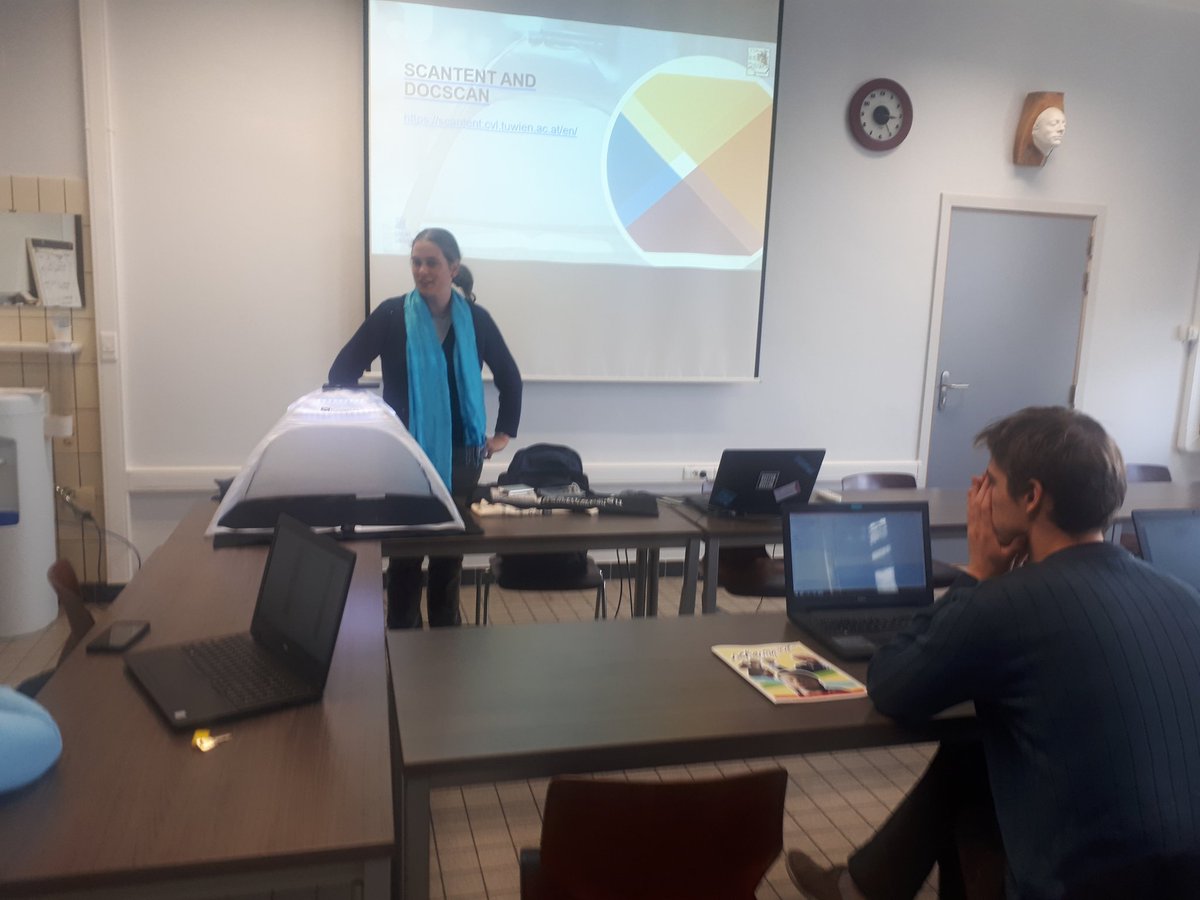 GhentCDH's tweet photo. @CARomein showing off the @ScanTent at #DigitisingHumanities workshop of our #dhresearchlab on @Trankribus  #dh https://t.co/mNa3lF8jkS