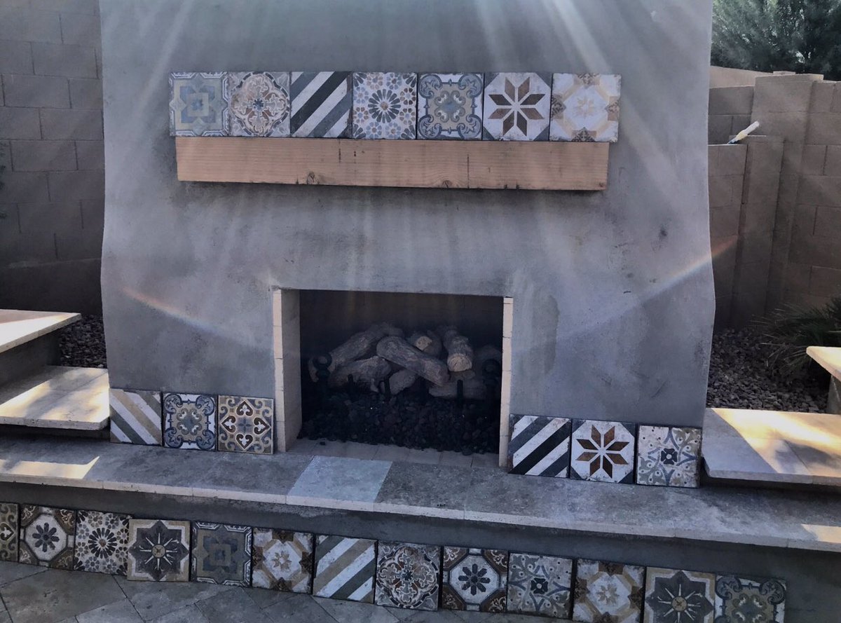 Loving the fun mix of tile for my Queen Creek clients outdoor fireplace!  #outdoorfireplace #design #tile