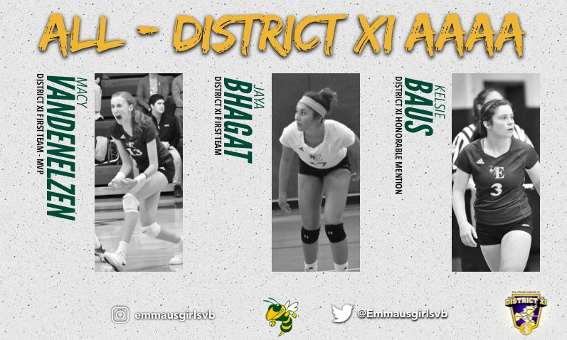 Congratulations to Sr. Kelsie Baus HM, Jr Jaya Bhagat 1st team, and Sr. Macy Van Den Elzen 1st team - MVP, All District XI 4A