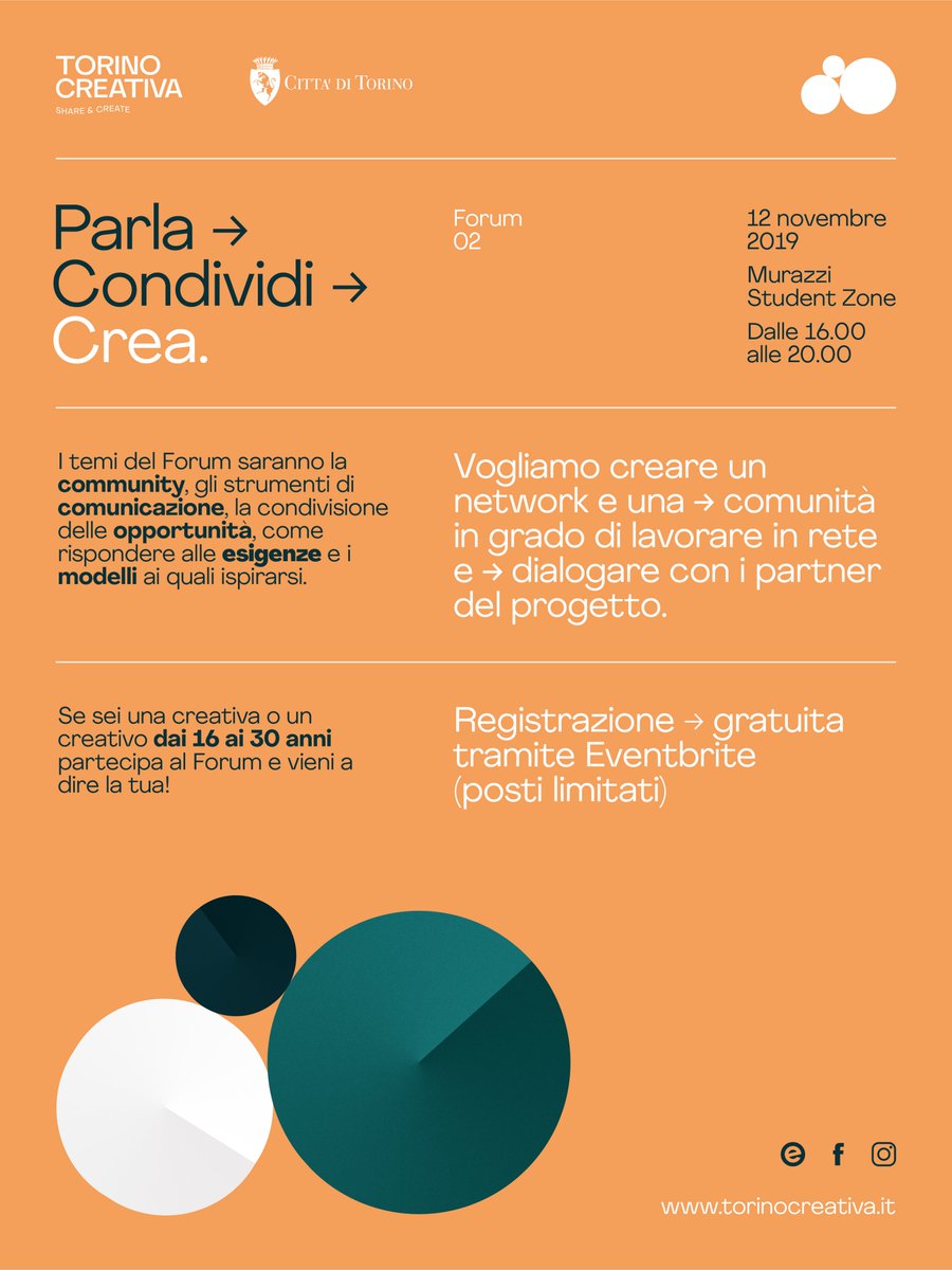 Se sei un/una creativ* dai 16 ai 30 anni partecipa al Forum di Torino Creativa e vieni a dire la tua! #torinocreativa #torinoèlamiacittà Evento facebook > tiny.cc/o3hrfz
