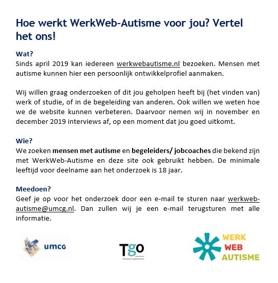 WerkwebA's tweet photo. Wil jij jouw #mening laten horen over @WerkwebAutisme? Heb jij je nog niet opgegeven voor ons #onderzoek? Doe dit dan via werkweb-autisme@umcg.nl. Zo kun jij bijdragen aan het vergroten van de #arbeidsparticipatie van mensen met #autisme! https://t.co/BnyuYRSH83