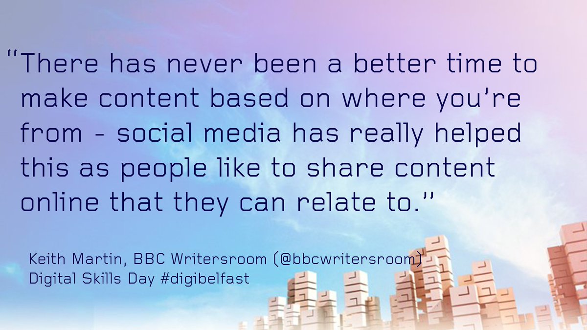 BBCAcademy's tweet photo. "There has never been a better time to make content based on where you’re from - social media has really helped this as people like to share content online that they can relate to."

Keith Martin from @bbcwritersroom at #digibelfast https://t.co/935rjJHJto