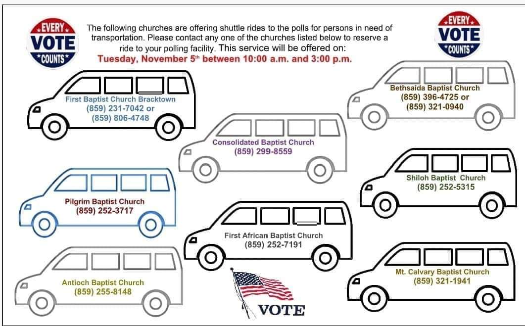 Lexington voters! Need a ride to the polls? Call any of these gracious churches who’ve generously donated their time and resources to help Kentuckians #GOVOTE. Every vote matters! #StumboForAG