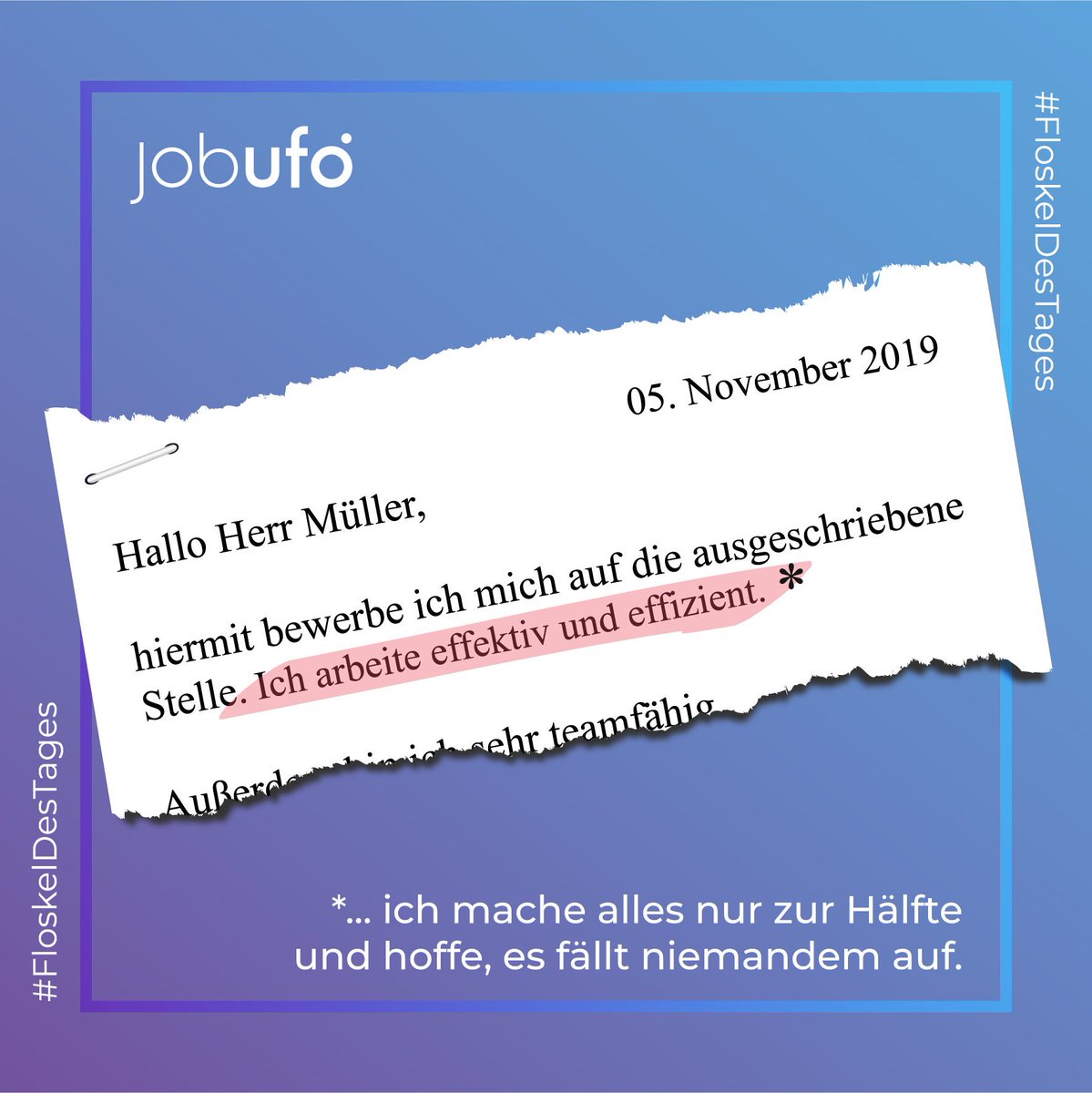 jobUFOapp's tweet photo. Hände hoch, wer von Anschreiben voller austauschbarer Floskeln auch genug hat! 🙄 #darumjobufo #jobufo https://t.co/NIM1yU4f4P