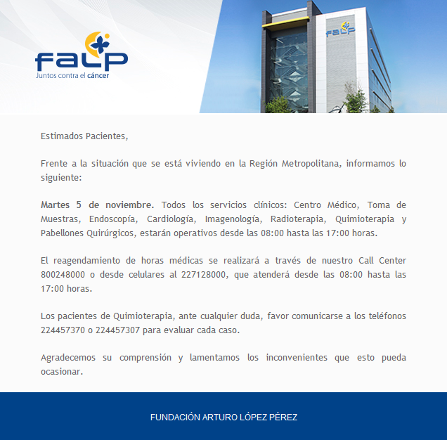 Querida comunidad FALP:
Informamos actualización de horarios de atención: