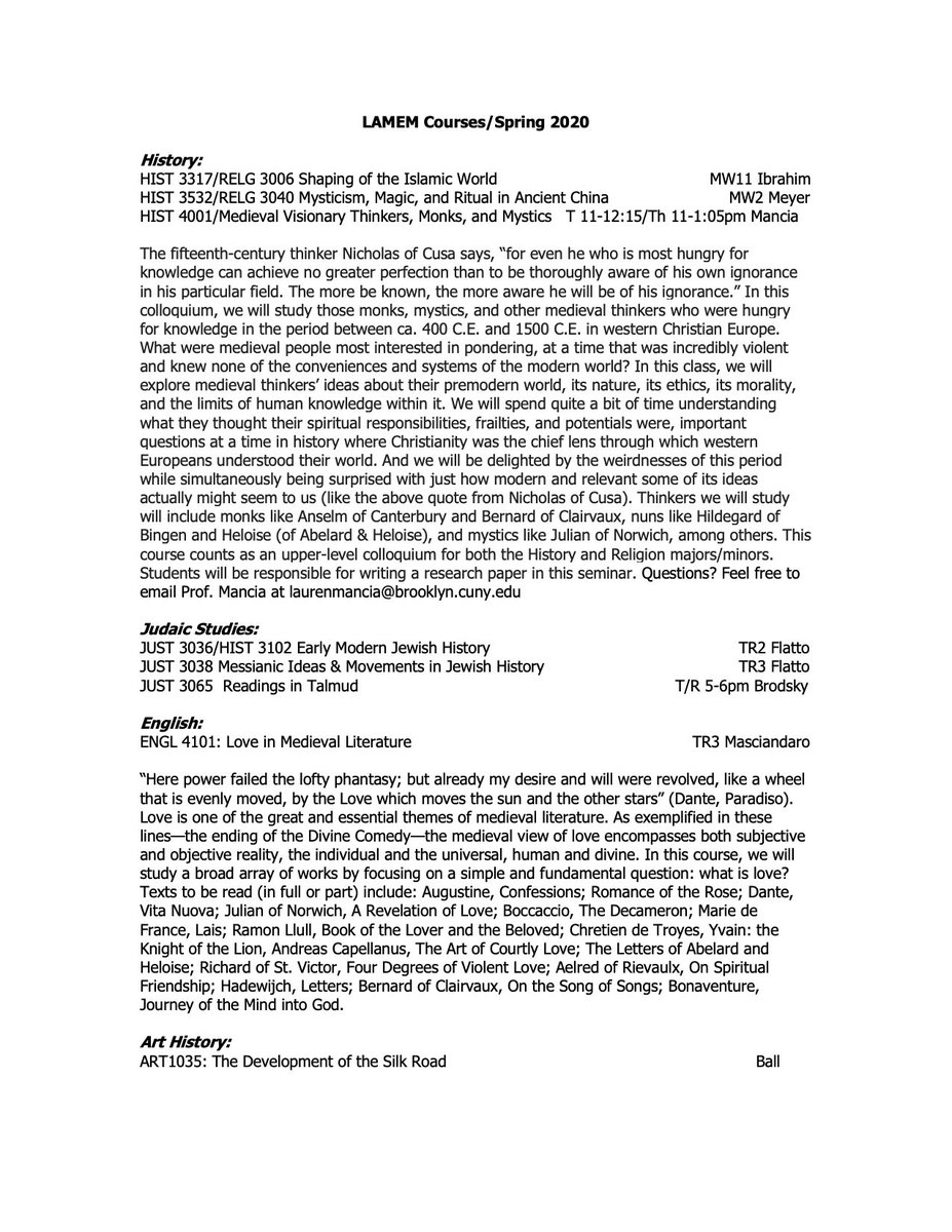 HistoryDept_BC's tweet photo. Dear students,
Please find attached the LAMEM course list for Spring 2020.
Prof. Mancia #lamem #brooklyncollege https://t.co/8zpwhMOAJu