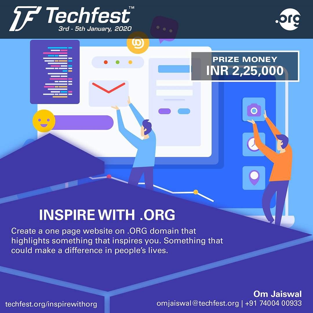 Techfest_IITB's tweet photo. Techfest is proud to present it's latest competition: Inspire with .ORG. Create a one page website for a cause that shall generate a positive impact in Society and stand a chance to win prize money worth INR 2.25 lacs!
Register NOW at https://t.co/B68017kzbO.
#inspirewithorg https://t.co/RTrnhBYgVK