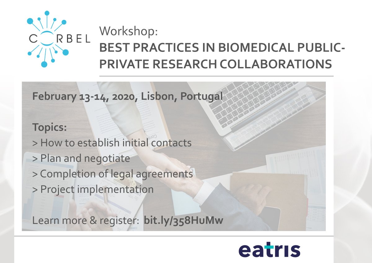 CORBEL_eu's tweet photo. 📢Several CORBEL workshops are coming up in 2020! 
Registration is open for 'Best practices in Biomedical Public-Private Research Collaborations', 13-14 Feb 2020, for representatives from #researchinfrastructures /academic institutions https://t.co/HY0MrWXwBf #LifeScienceServices https://t.co/CSbjXavVlh