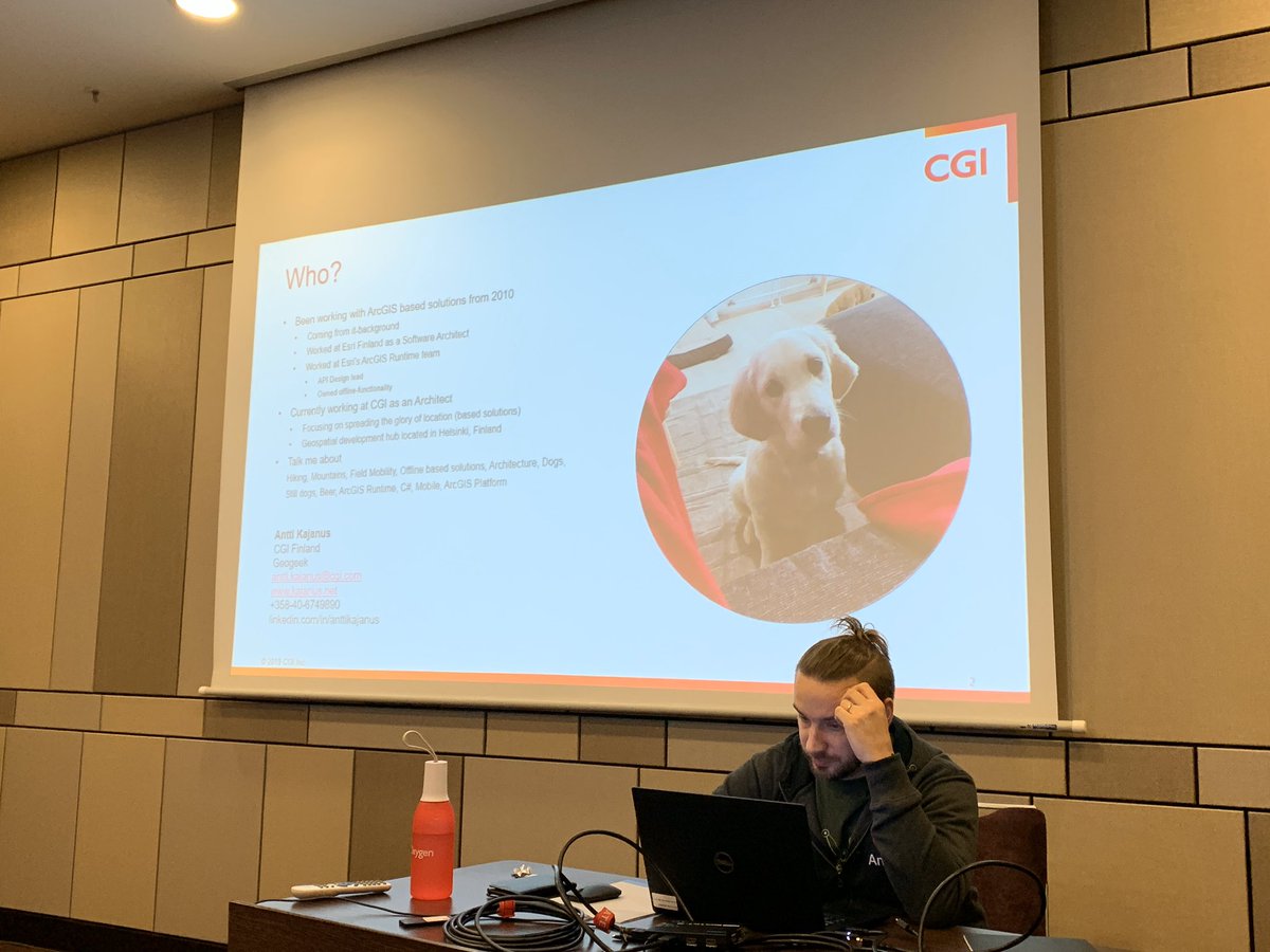 EsriDevEvents's tweet photo. Come see @anttikajanus present “Designing ArcGIS Solutions for Offline Use” in Salon Heine...if not for the presentation, then to see his dog, Minkko! #devsummit #Berlin https://t.co/3gipS9rzp8