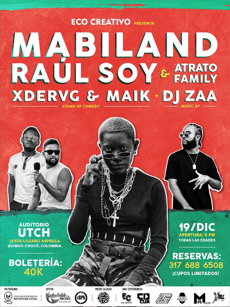 #ECOCreativoPresenta 
¡Es un placer para nosotros anunciarles la presentación de la fantástica <a href="/Mabiland/">Mabiland</a> y su #DeepSoul por 1ra vez en Quibdó 😍 junto con <a href="/RaulSoy/">Raúl Soy</a> y su banda #AtratoFamily 🔥 en una gala que será amenizadas por los comediantes #XDervgYMaik!

Reservas: 317 6686508