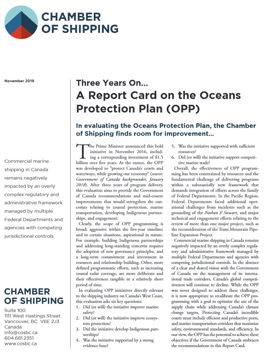 The Chamber of Shipping makes 4 key recommendations to improve the #OceansProtectionPlan in its OPP Report Card.   See the Report at: shippingmatters.ca/opp-reportcard/ #innovation #trade #OurCoasts