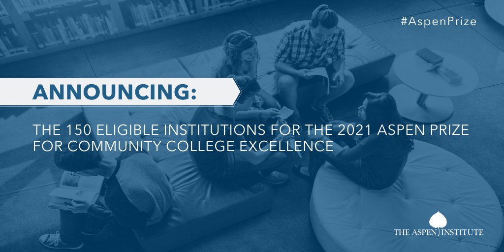 AspenHigherEd's tweet photo. Today we launch the 2021 Aspen Prize for Community College Excellence by announcing the 150 institutions eligible to compete for $1 million! See the full list and learn more about the selection process here: https://t.co/MbsxfKoBtj  #AspenPrize https://t.co/V3DPJEXqM0