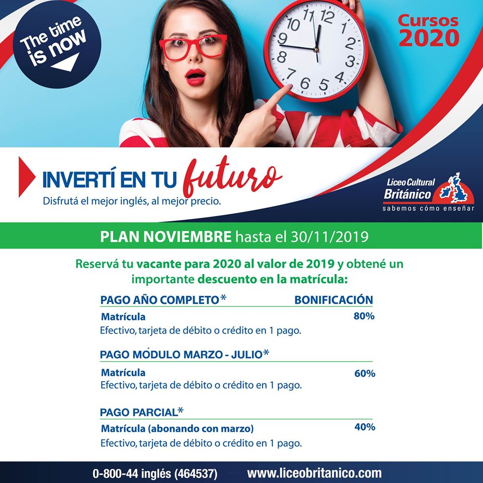 inglesLCB's tweet photo. Aprovechá la promoción de NOVIEMBRE e inscribite en los #cursos2020 Con la inscripción anticipada podrás estudiar en 2020 a los valores de 2019 y obtener un importante descuento en la matrícula. Si estás interesado/a por favor completá este formulario > https://t.co/NbFo1M1jle https://t.co/jlPM1FKmFr