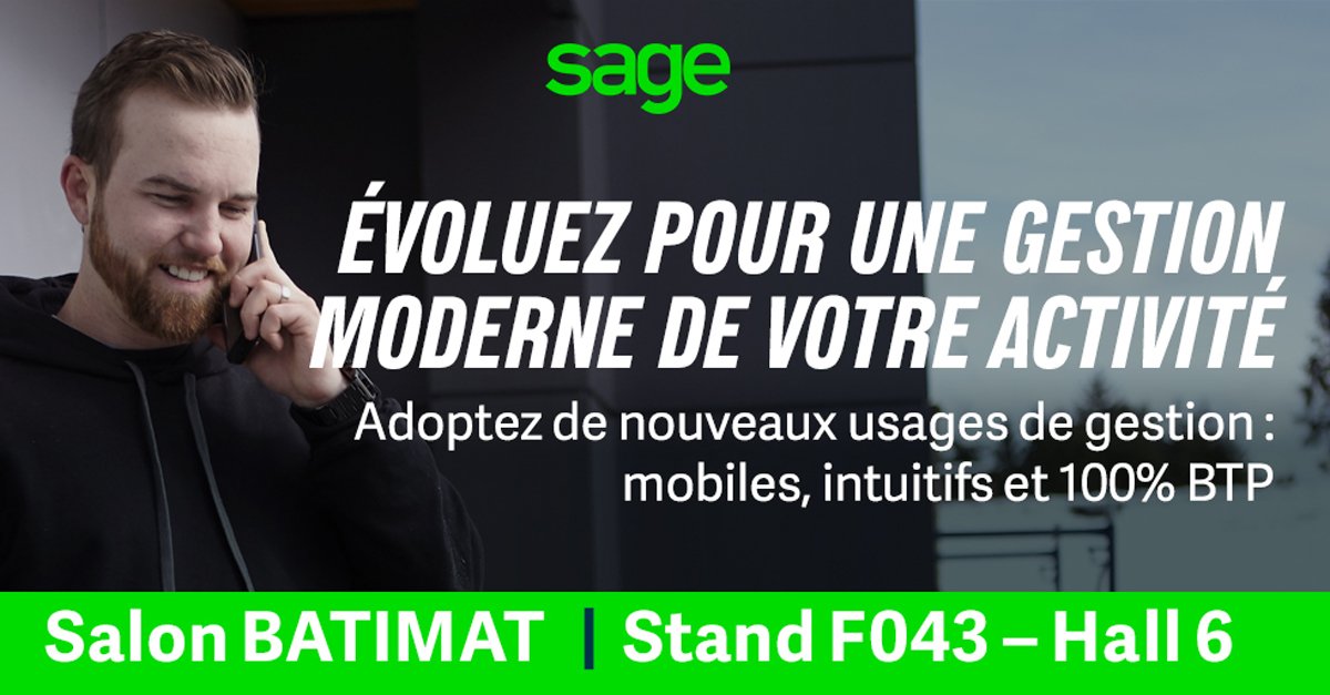 SageFrance's tweet photo. Assistez dans 1h à la prise de parole de #Maperless. Grâce à cette application, organisez, ajustez et optimisez les journées de travail de vos équipes ! 📲 #bâtiment #BTP #batigest #Batimat ➡️https://t.co/5Lu0VBJykX https://t.co/W8Lplzuffv