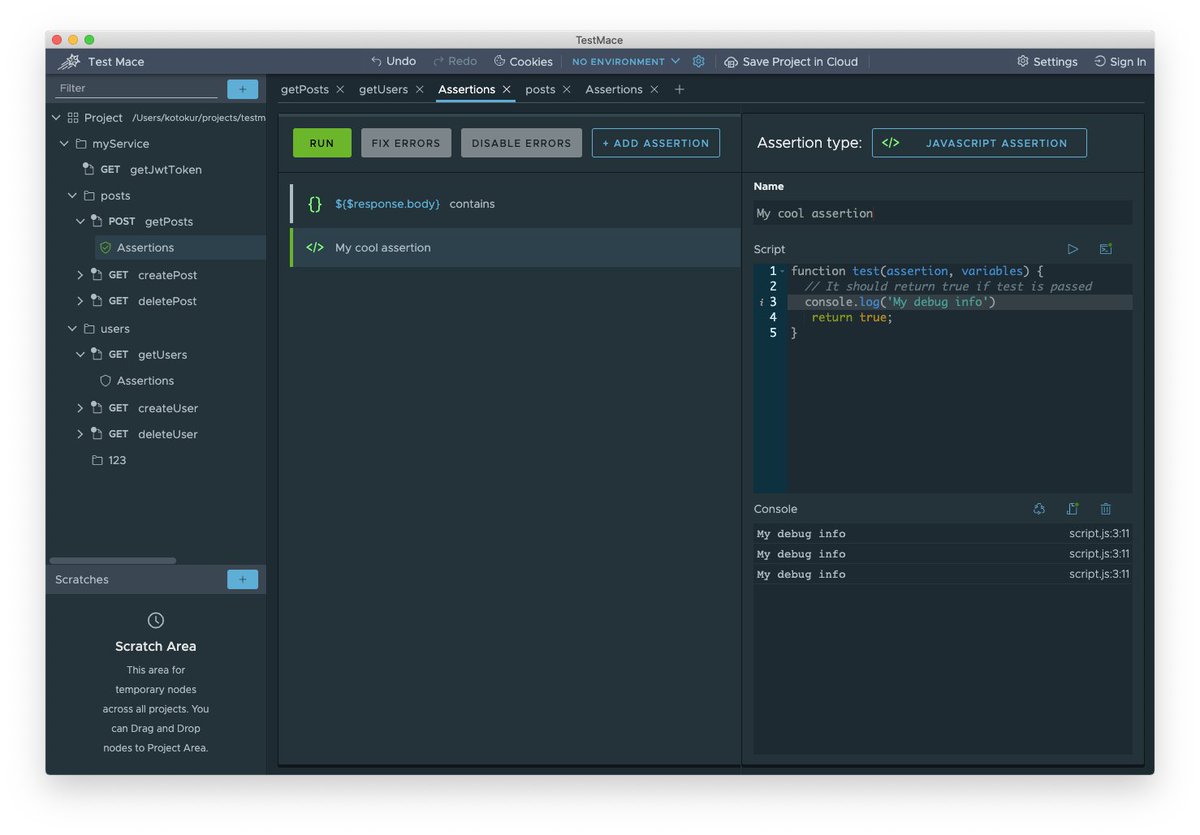 testmace_soft's tweet photo. Hello! 👋 We've published a new version of TestMace! Script assertion was improved! ✏️ Now it supports advanced functions like access to the project entities, using libraries (lodash and chai for example), console output 🔥

#TestMaceAPI https://t.co/ZcMS6QecUJ