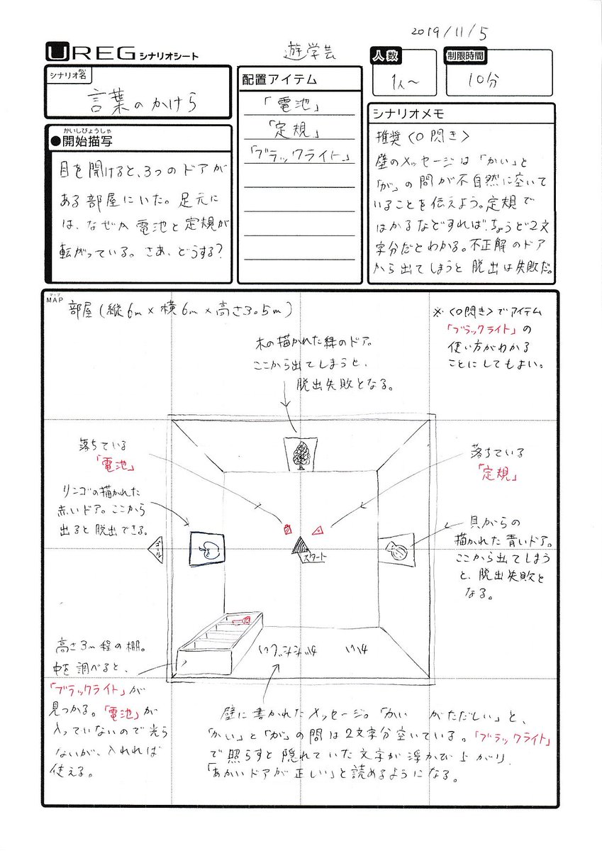【#1日1アレグ 13日目 】 目を開けると、3つのドアがある部屋にいた。足元には、なぜか電池と定規が転がっている。さあ、どうする?  【#脱出ゲーム】 #ゲムマ2019秋 #ゲムマ #ゲームマーケット #UREG #装いの魔王城 #TRPG 