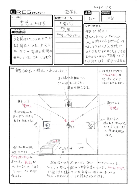 【#1日1アレグ 13日目 】 目を開けると、3つのドアがある部屋にいた。足元には、なぜか電池と定規が転がっている。さあ、どうする?  【#脱出ゲーム】 #ゲムマ2019秋 #ゲムマ #ゲームマーケット #UREG #装いの魔王城 #TRPG 