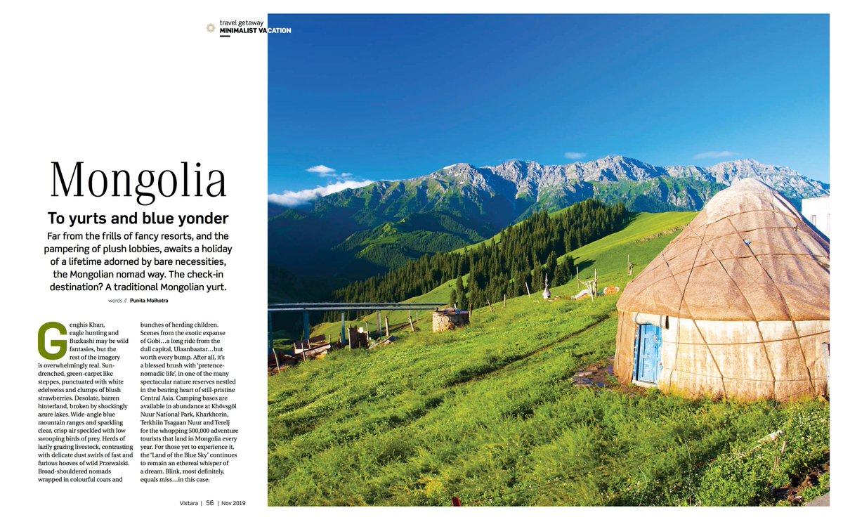100cobbledroads's tweet photo. #TravelWriter #BeyondTheBlog #PublishedElsewhere #InflightMagazine
Minimalism in Mongolian yurts strike your fancy? Seek inspiration from my latest article in the November 2019 issue of Vistara inflight magazine. How I loved writing this one and seeing it in print!! https://t.co/Bn6rPg9j3g