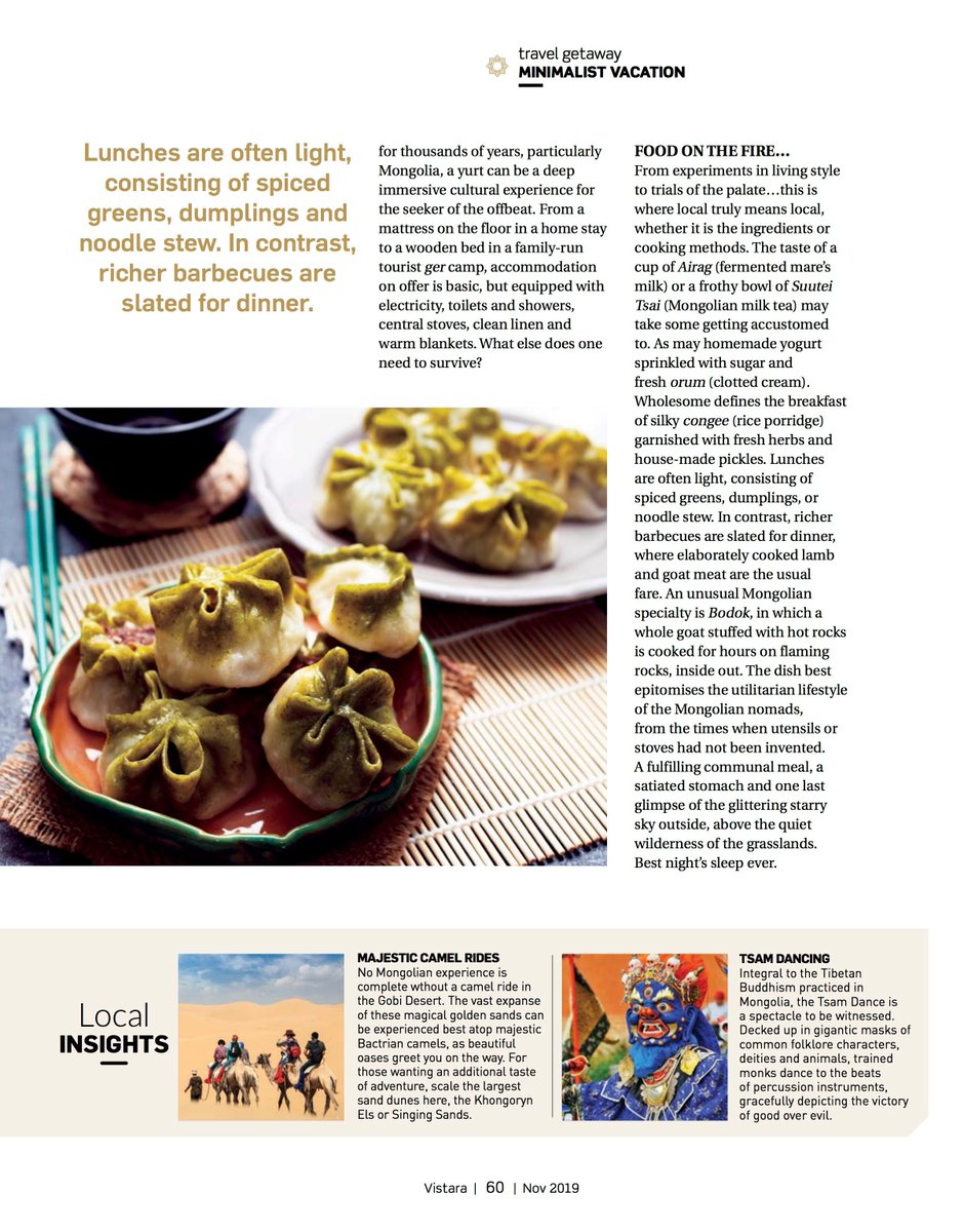 100cobbledroads's tweet photo. #TravelWriter #BeyondTheBlog #PublishedElsewhere #InflightMagazine
Minimalism in Mongolian yurts strike your fancy? Seek inspiration from my latest article in the November 2019 issue of Vistara inflight magazine. How I loved writing this one and seeing it in print!! https://t.co/Bn6rPg9j3g