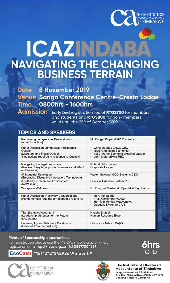 Dudu_Nyirongo's tweet photo. Join us this Friday for the ICAZ Indaba. 
I will be on a panel alongside Hon @BitiTendai, @TrustChikohora and Hon Minister of @InfoMinZW Monica Mutsvanga discussing Fundamentals required for economic recovery. https://t.co/ho0cxlKd2P