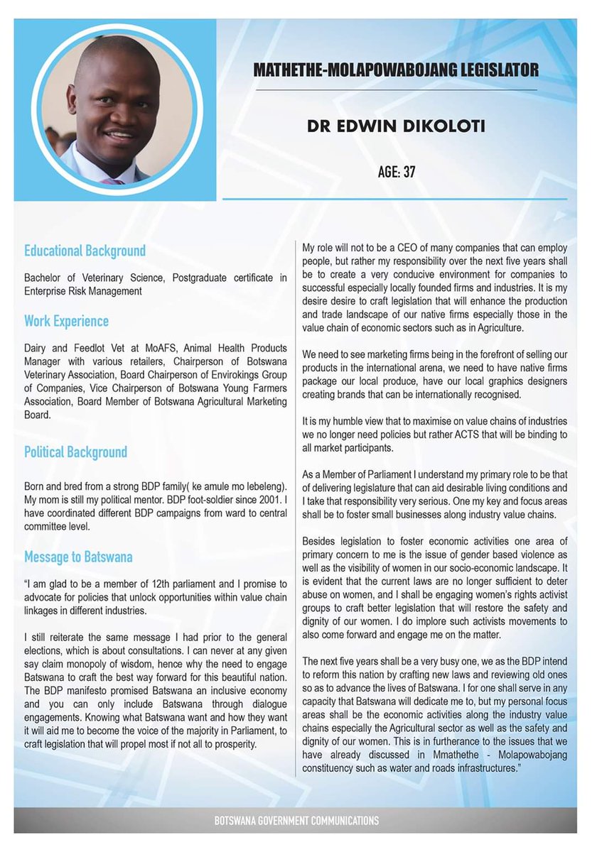BWGovernment's tweet photo. KNOW YOUR 12th PARLEY MPs

MP Dikoloti https://t.co/c7Dbrp0Jf6