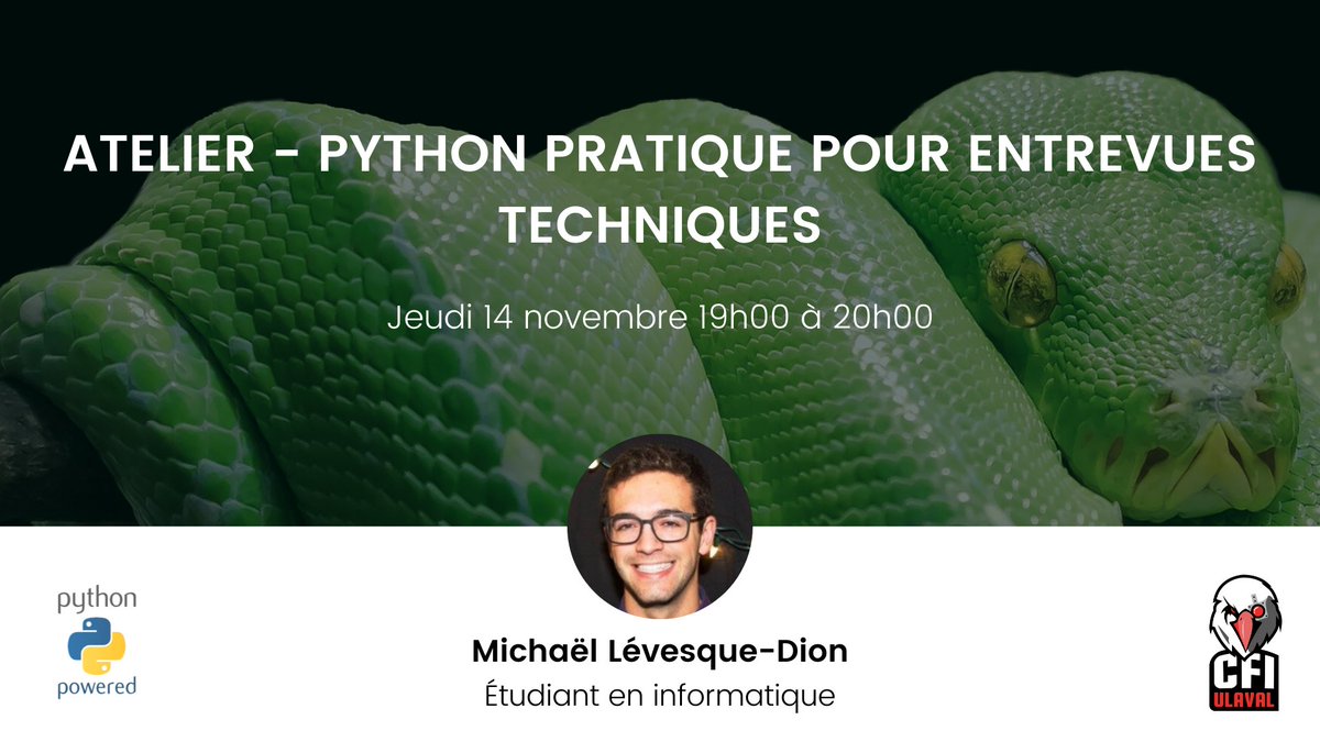 cfiul's tweet photo. Atelier - Python pratique pour entrevues techniques

Venez apprendre à manier habilement Python pour résoudre des problèmes avec aisance dans vos entrevues techniques.

#python #algorithmique #entrevue

📆 Jeudi 14 novembre 19h00 à 20h00
🌐 https://t.co/VMnZmREAE3 https://t.co/Rf7S4uIRW0