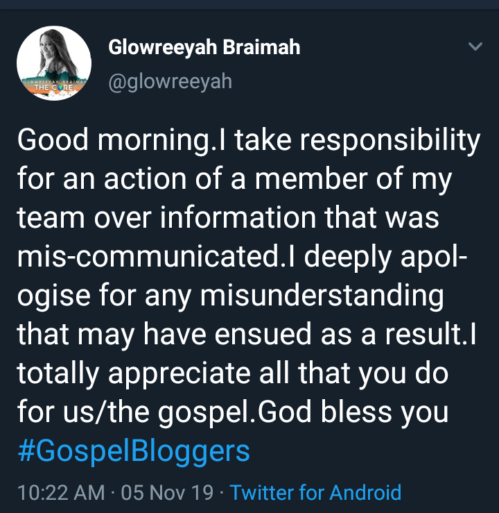 247gospelvibes's tweet photo. Gospel Singer @glowreeyah apologises after misunderstanding with #GospelBloggers when a member of her team threatened legal action over infringement of her new album, The Core. #IACMP. #glowreeyah https://t.co/blrwUJg5hU https://t.co/cqLJXvtxIH