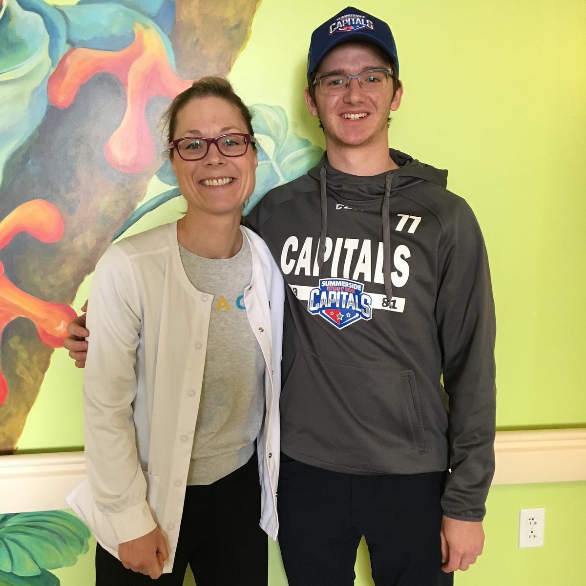 Great news today, our forward Nick Reeves had his final visit to the IWK after 12 years. Nick is healthy and cancer free and proudly wearing his #CapsArmy attire. #77 #HockeyFightsCancer