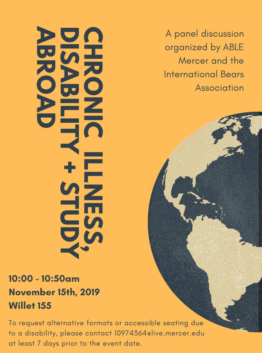 MercerAbroad's tweet photo. Join us on Nov. 15 for a panel discussion led by ABLE Mercer and the International Bears Association about how to study abroad with a chronic illness or disability.
@mercer_iba
#mercerabroad #studyabroad #merceruniversity #merceryou https://t.co/ewHvifsyvq