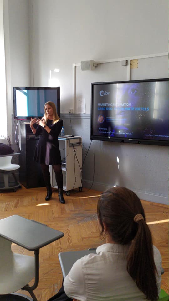 eformedia's tweet photo. Ayer nuestras compañeras María Martínez y Blanca Orgaz, impartieron una charla de #MarketingAutomation a los alumnos de la Escuela Internacional de Administración Hotelera @vatelmadrid https://t.co/nuDK9R6LVx