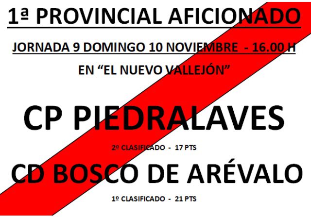 Partido correspondiente a la 9ª jornada de liga. Recibimos al líder <a href="/BoscoarevaloCf/">C.D.Bosco de Arévalo</a>. Auténtico partidazo nos espera en el Nuevo Vallejón a partir de las 16:00. ¡Sube a animar a tu equipo, te necesitamos!