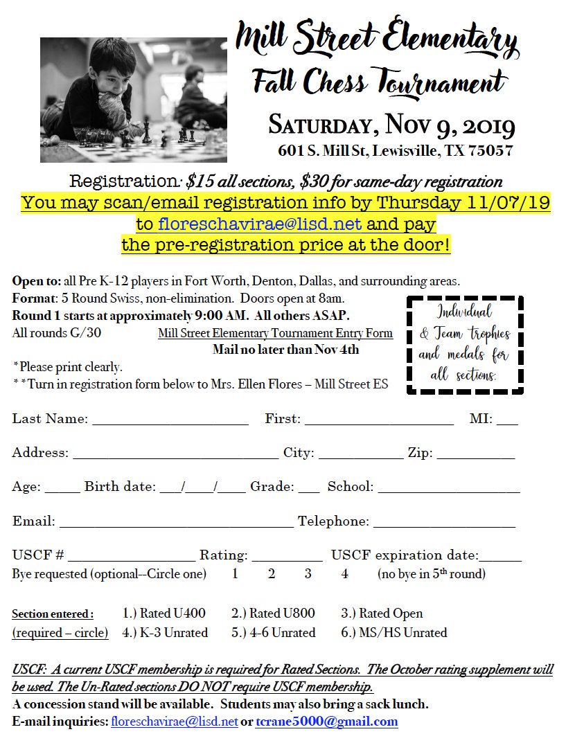 LewisvilleHS's tweet photo. ATTENTION CHESS PLAYERS!  Mill St. Elementary is holding a huge Chess Tournament for grades K - 12!  More info on the flyer! https://t.co/DHpKJlYFFH