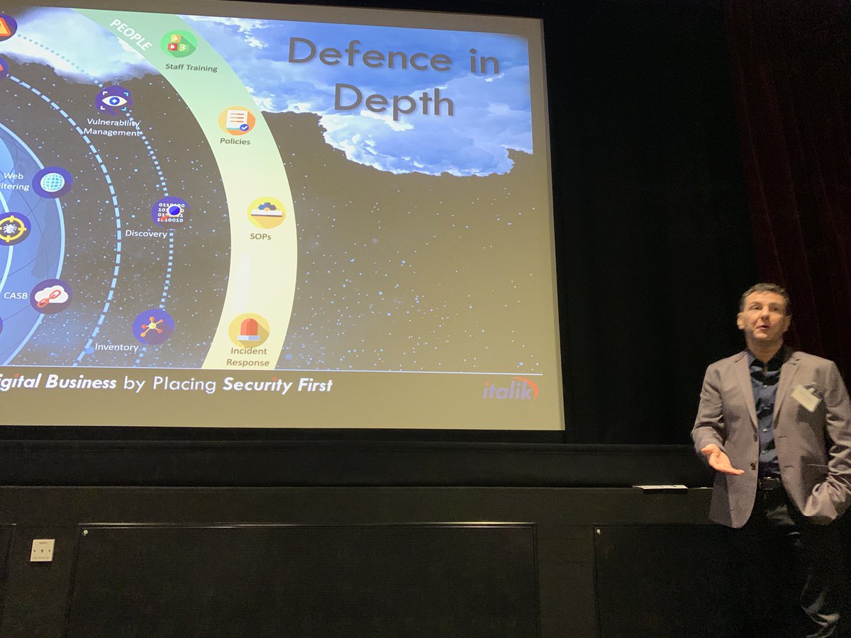 robm82's tweet photo. @pilkins Presenting at the @Everymancinema in Leeds for the @italikIT cyber security seminar. I absolutely love this “Defence in Depth” slide - beautifully sums up what businesses should be doing as a multi-layered approach to security. #security https://t.co/r61btxHzTZ