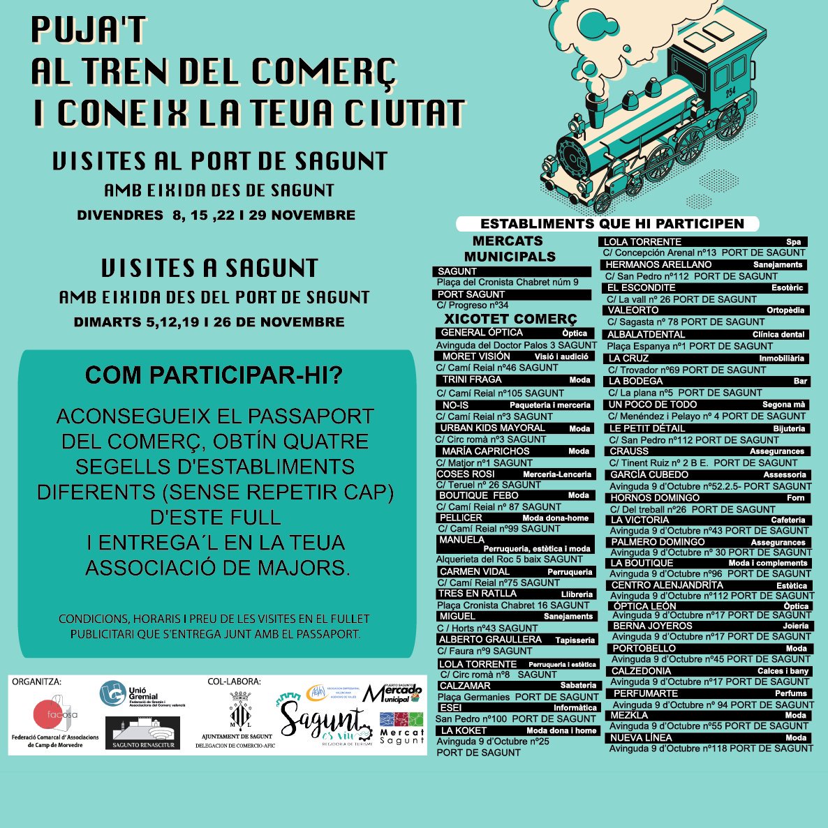 SaguntoAfic's tweet photo. ¡Súbete al tren del comercio y conoce tu ciudad! Visita las zonas comerciales de #Sagunto y Puerto de Sagunto, los #mercados municipales  y nuestros mayores enclaves turísticos con el 'pasaporte del #comercio', que podrás rellenar en los establecimientos participantes. https://t.co/S4T8Sgnpyb