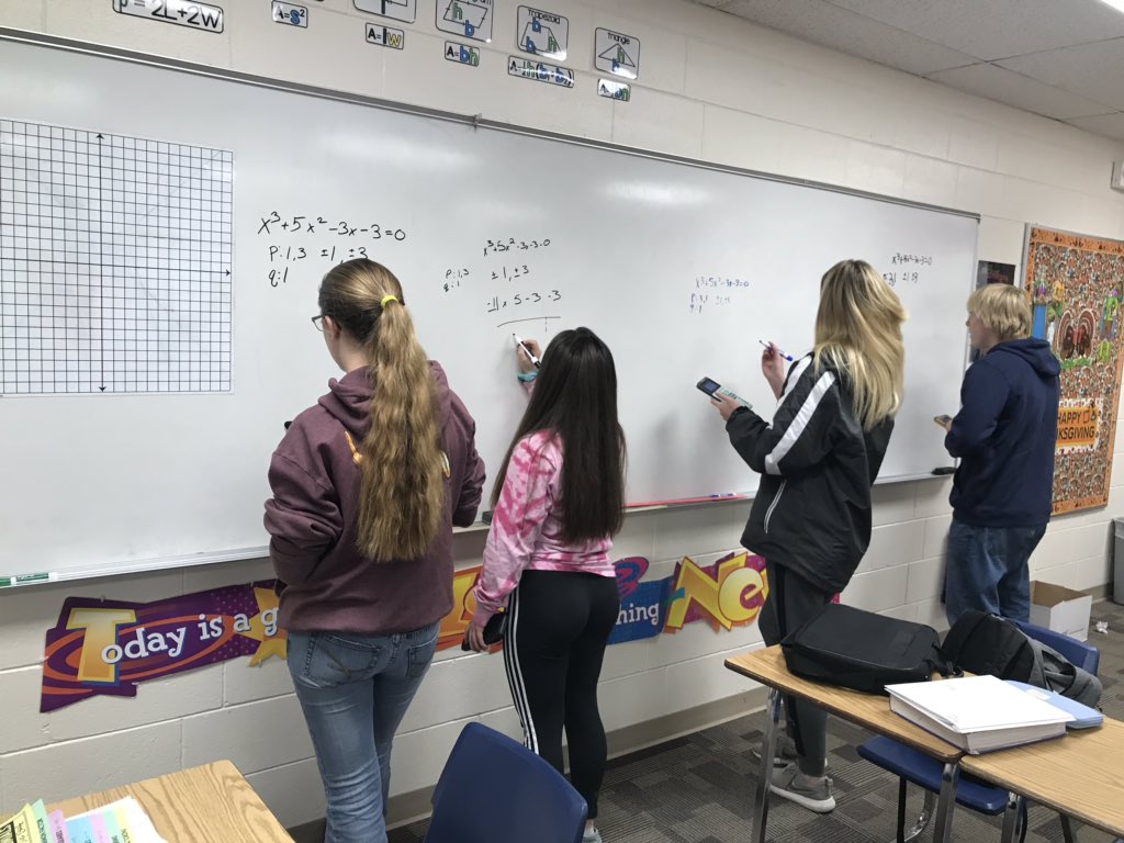mathlunneborg's tweet photo. Students in #Algebra2 had #boardTime to practice the #RationalRootTheorem. #MilnorMath https://t.co/TJyiRsfpY6