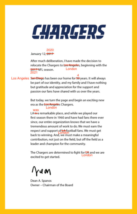 SDterrence's tweet photo. BREAKING: Initial draft leaked of @Chargers announcement to move to London. @VinnyBonsignore had it right! #FightForLondon https://t.co/LCo7AUkkgL