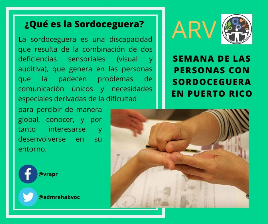 admrehabvoc's tweet photo. Del 3 al 9 de noviembre se conmemora la "Semana de la Personas con Sordoceguera en Puerto Rico". Dato: La Sordoceguera no es una doble discapacidad, sino una sola, una discapacidad única en la que la pérdida de dos sentidos (vista y oído) por lo tanto, es una persona Sordociega. https://t.co/iV4Go7euyH