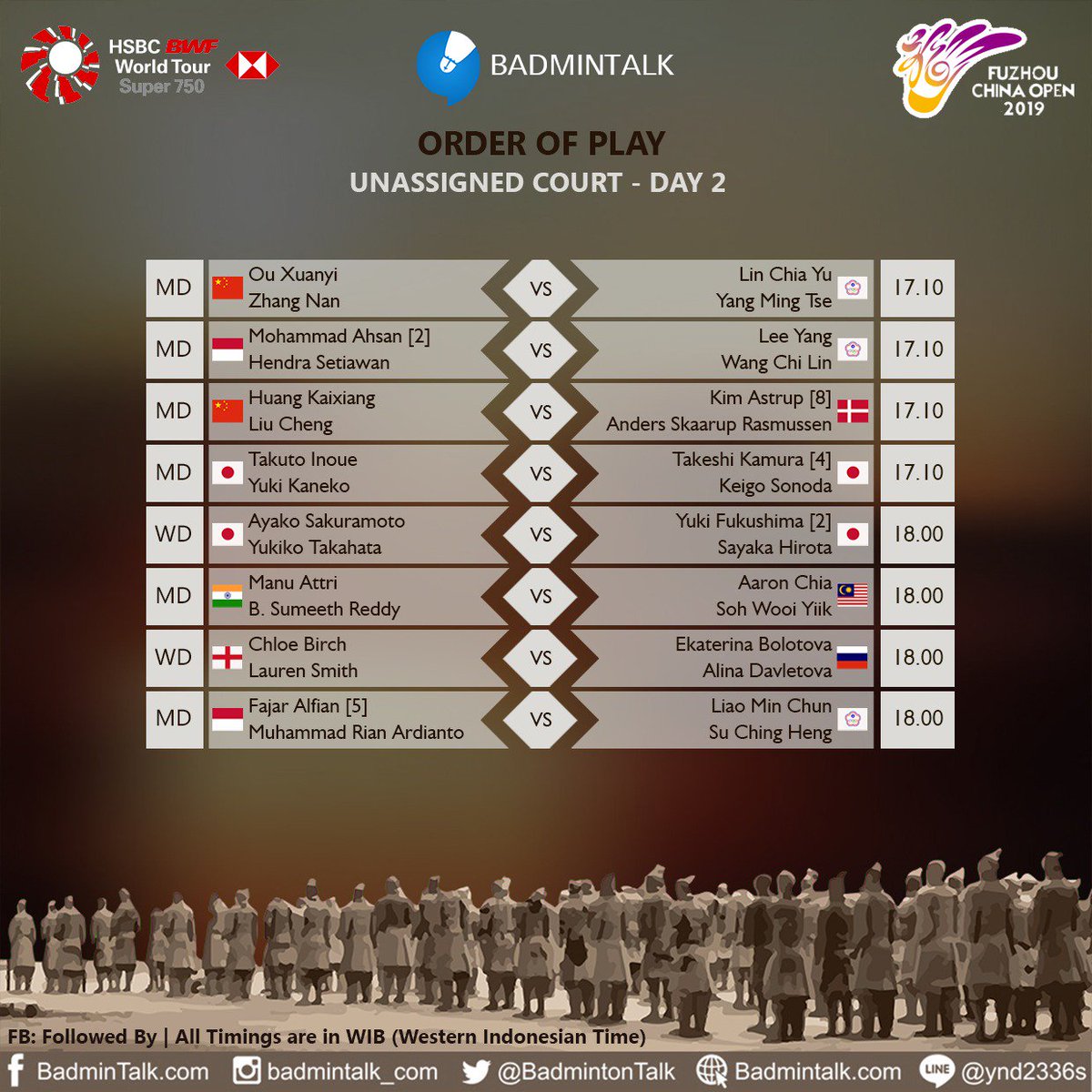 Order Of Play - Round of 16

#FuzhouChinaOpenSuper750 

Praveen/Melati, Tommy, Ahsan/Hendra, Fajar/Rian semangaaattt
