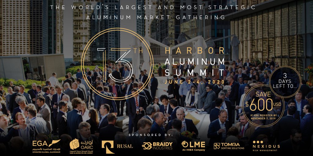 Only 3 Days Left for $600 USD Discount! Don’t miss HARBOR's 13th Aluminum Summit  -  June 2-4, 2020 | Chicago, IL, USA ow.ly/1N2I50x2qoj