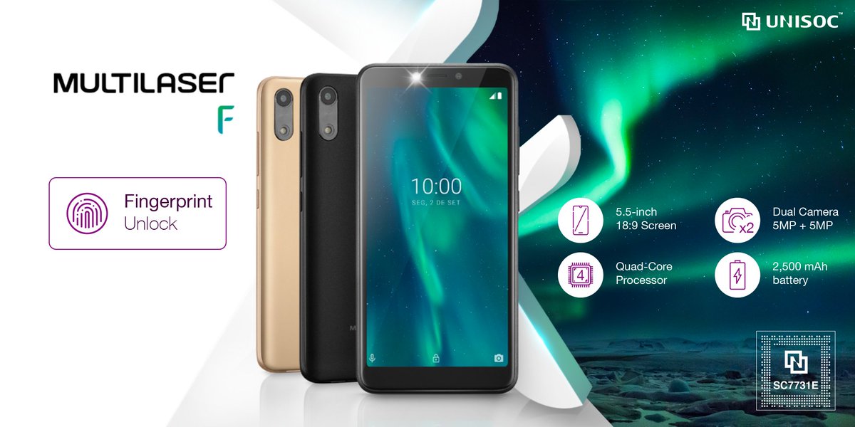 UNISOCTech's tweet photo. The Multilaser F is powered by #UNISOC's #SC7731E platform and has a 5.5-inch screen (18:9), 5MP + 5MP dual cameras, and a 2,500 mAh battery, running on Android 9 Pie (Go Edition).Its fingerprint sensor enables you to unlock your smartphone more swiftly. https://t.co/k7vB2lXUHp