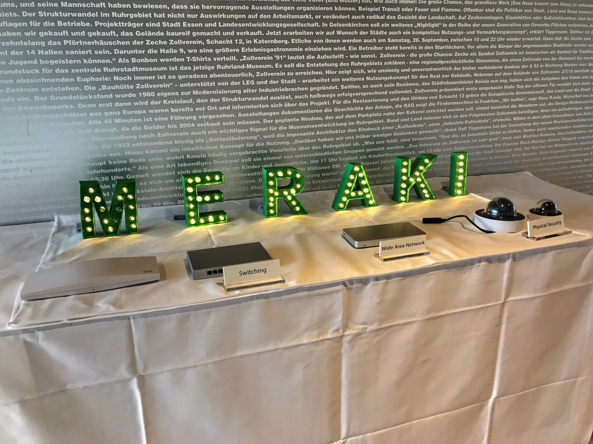 MarcPuschmann's tweet photo. #CiscoMeraki on Tournee in #Essen. Fully booked customer event takes place at #ZecheZollverein. Great contrast of #industrialization and #digitization. Let‘s start the Journey towards #CloudManagedIT! @cheidbri @meraki https://t.co/LrVVmSNu5c
