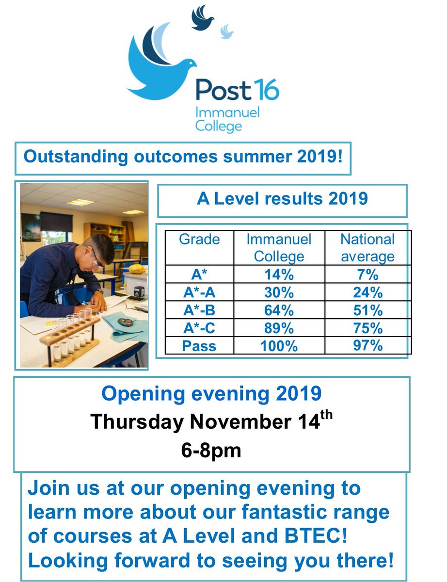 ImmanuelBD10's tweet photo. Our Post 16 Open Evening is on the 14th November 2019 from 6pm to 8pm. Look forward to seeing you there #post16 #staylocalgofurther #ALevels #Post16OpenEvening https://t.co/gXt1o1FyjV