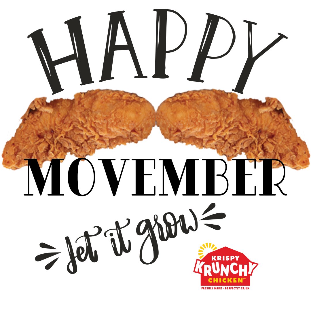 krispykrunchy's tweet image. Happy Movember! Celebrate Menʼs Health by growing out that mustache! Chicken stashes count too...take a picture and tag us! #chickenstashe #movember #menshealth #krispykrunchy #krispykrunchychicken