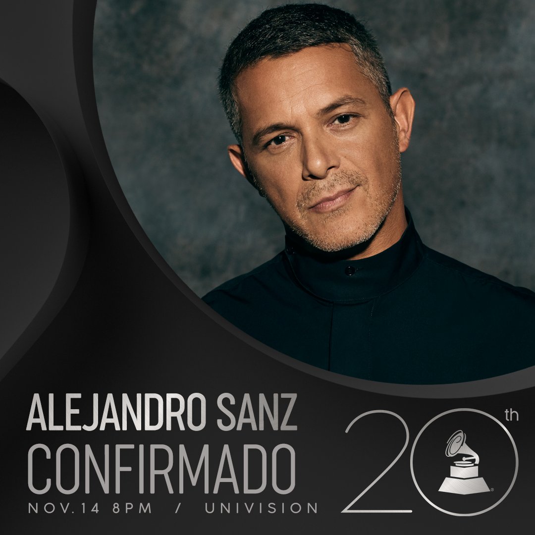 LatinGRAMMYs's tweet photo. ¡CONFIRMADO! @AlejandroSanz participará en la 20a Entrega Anual del #LatinGRAMMY 14 DE NOV. 8PM @Univision @MGMGrand 🎶👏👏 #20AñosDeExcelencia https://t.co/clyUw1dGN5 https://t.co/AOIXykKSdz